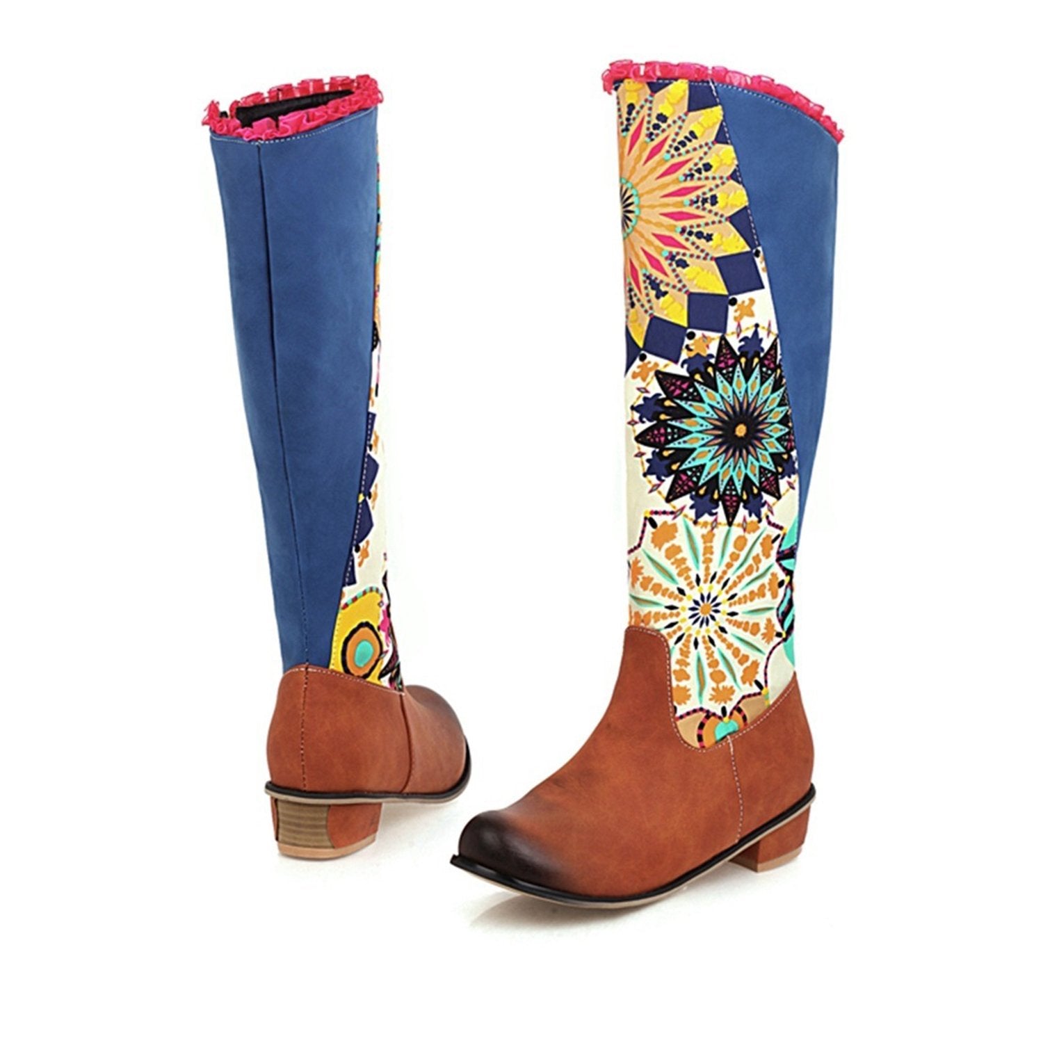 Printed-Color-blocking-Side-Zipper-Knee-high-Boots