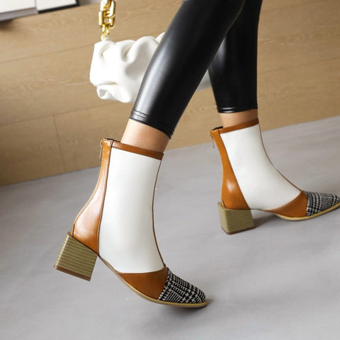 Square Head Color Matching Mid Heel Ankle Boots