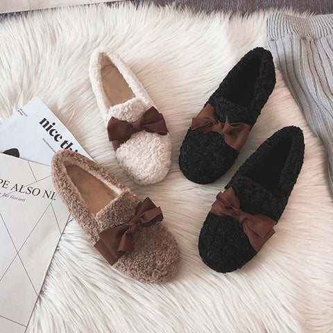 Faux-Lamb-Wool-Comfy-Warm-Bow-Flat-Loafers