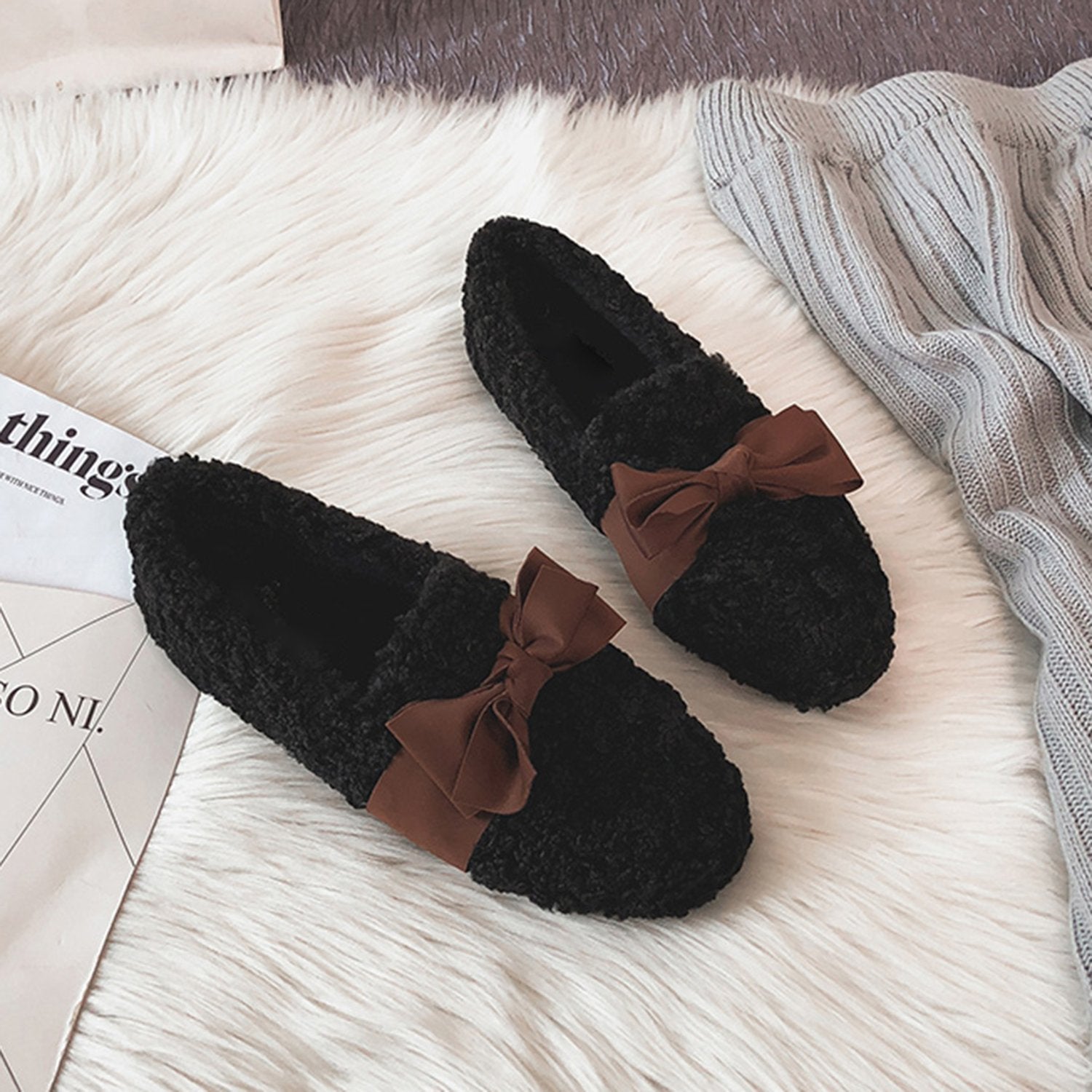 Faux-Lamb-Wool-Comfy-Warm-Bow-Flat-Loafers