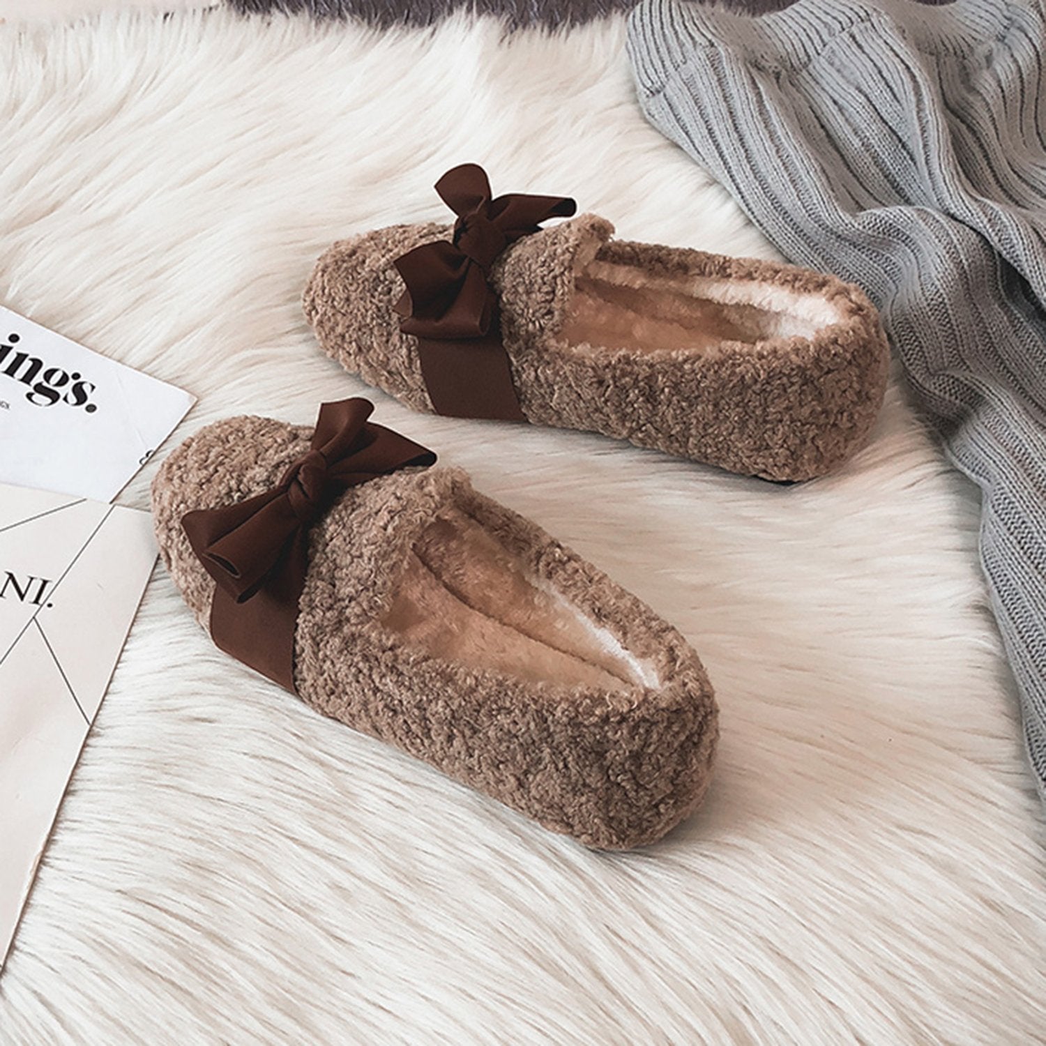 Faux-Lamb-Wool-Comfy-Warm-Bow-Flat-Loafers