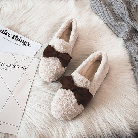 Faux-Lamb-Wool-Comfy-Warm-Bow-Flat-Loafers