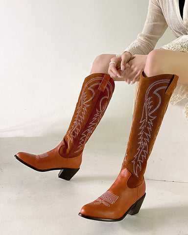 Brown-Embroidered-Chunky-Stacked-Heel-Mid-Calf-Knee-High-Western-Boots