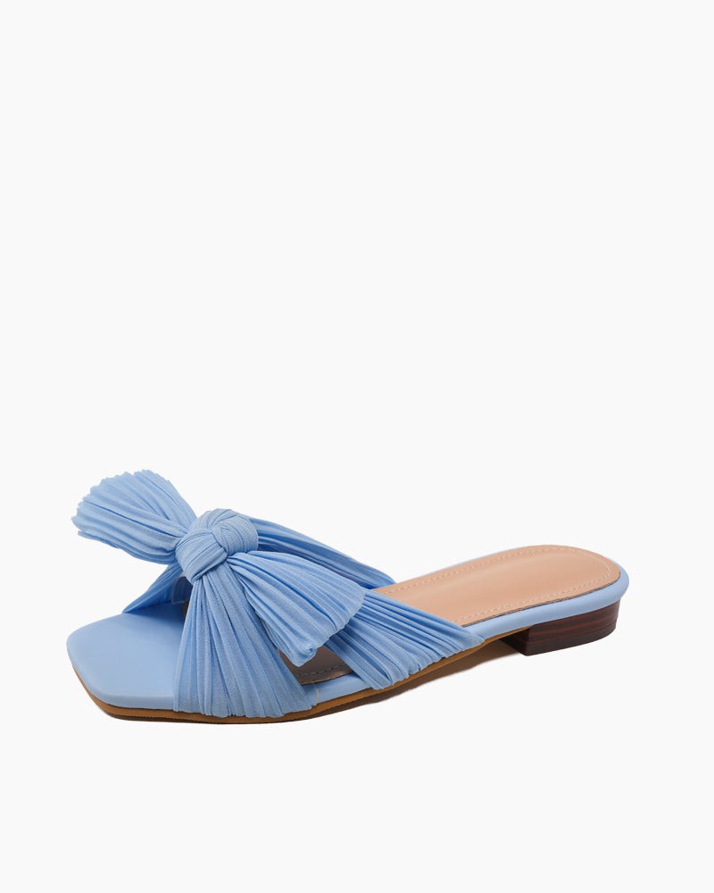 Pleated-Bow-Open-Toe-Comfort-Slip-on-Slide-Flat-Sandals