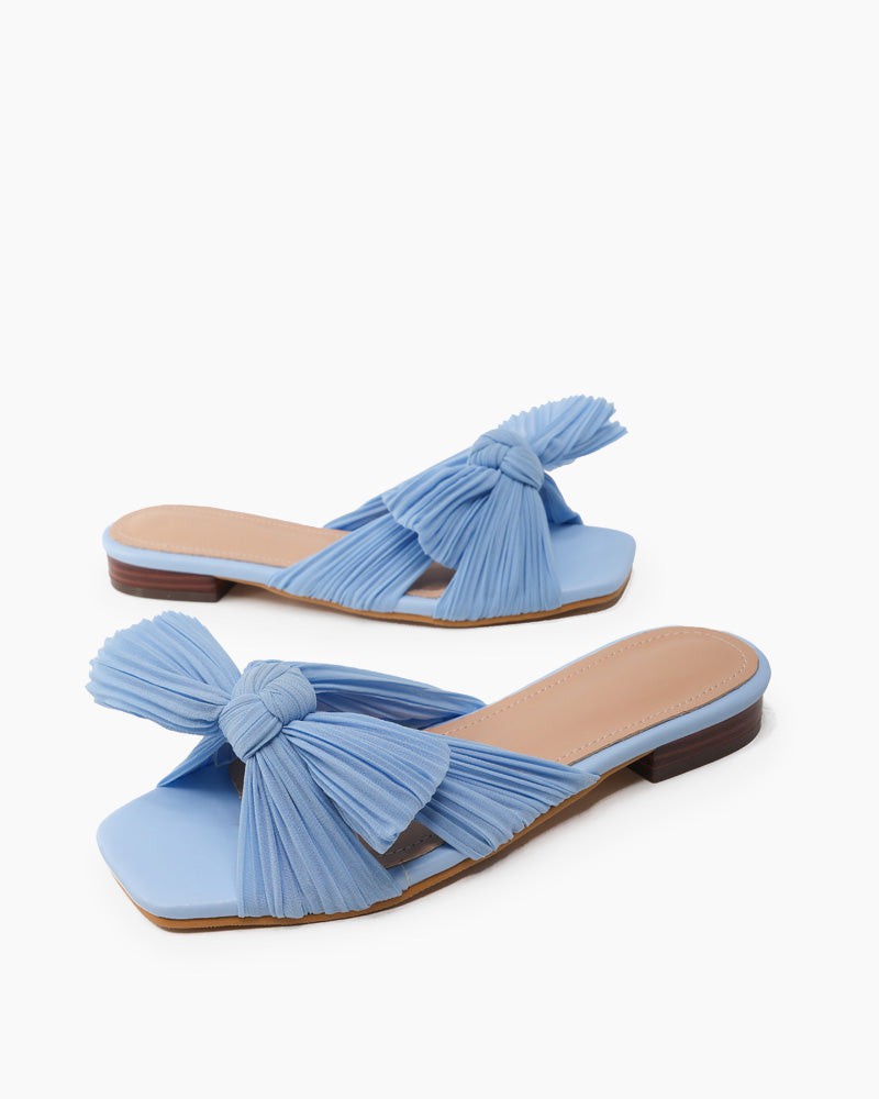 Pleated-Bow-Open-Toe-Comfort-Slip-on-Slide-Flat-Sandals