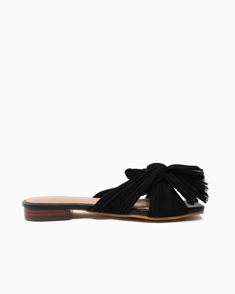 Pleated-Bow-Open-Toe-Comfort-Slip-on-Slide-Flat-Sandals