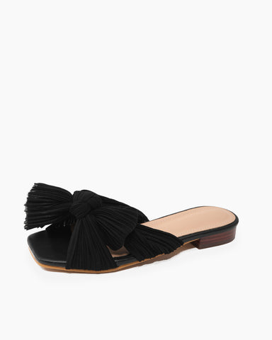 Pleated-Bow-Open-Toe-Comfort-Slip-on-Slide-Flat-Sandals