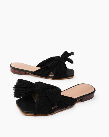 Pleated-Bow-Open-Toe-Comfort-Slip-on-Slide-Flat-Sandals