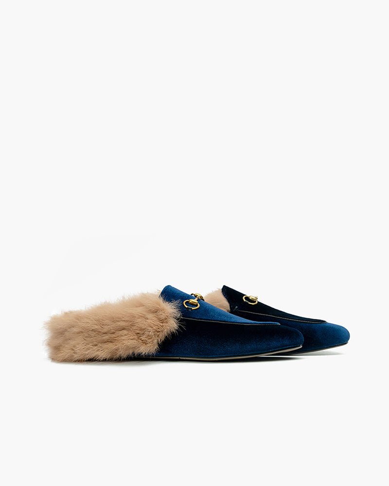 Classic-Velvet-Backless-Fur-Horsebit-Metal-Slip-on-Flat-Mules