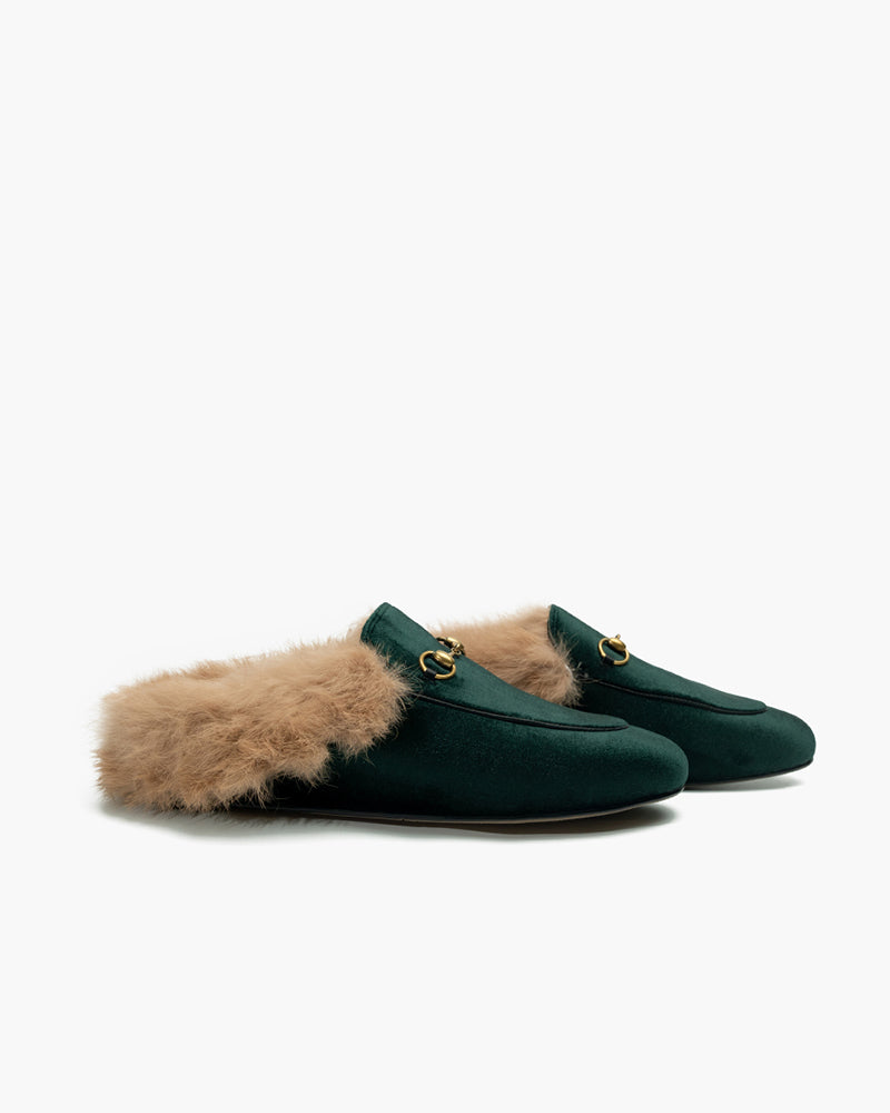 Classic-Velvet-Backless-Fur-Horsebit-Metal-Slip-on-Flat-Mules