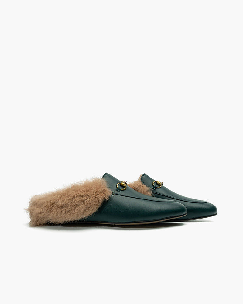 Horsebit-Backless-Fur-Flat-Slip-on-Slippers-Leather-Mules