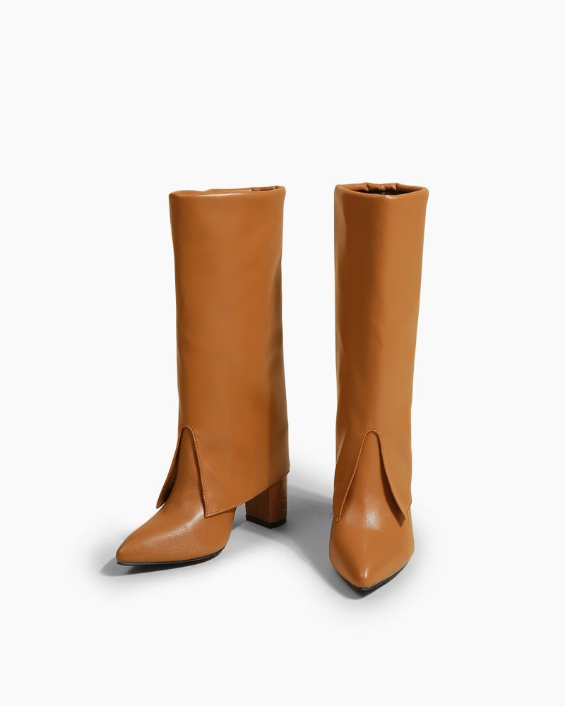 Pointed-Toe-Chunky-Heeled-Pull-On-fold-over-boots