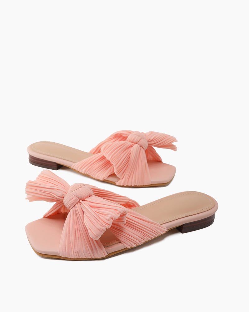 Pleated-Bow-Open-Toe-Comfort-Slip-on-Slide-Flat-Sandals
