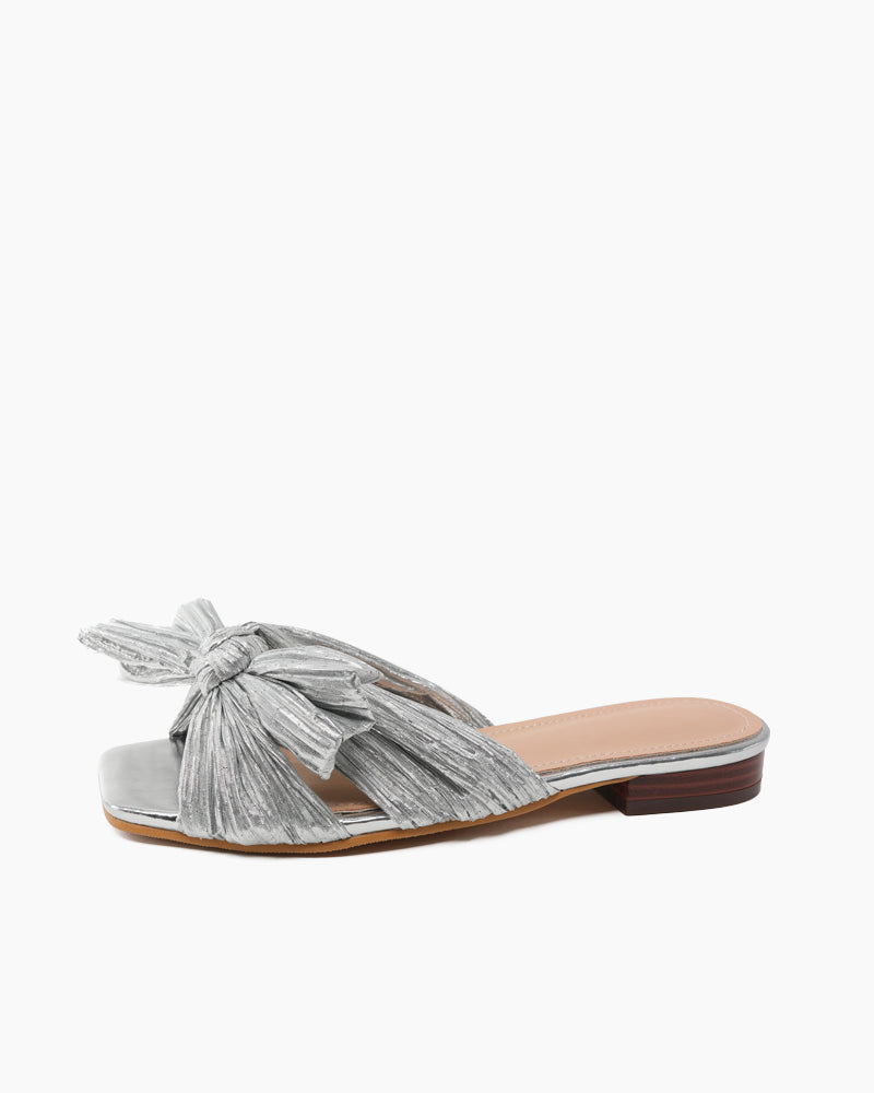Pleated-Bow-Open-Toe-Comfort-Slip-on-Slide-Flat-Sandals