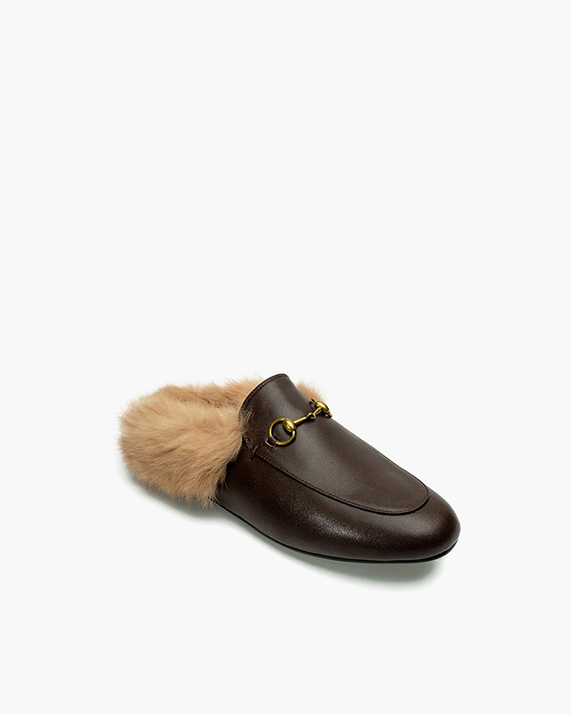 Horsebit-Backless-Fur-Flat-Slip-on-Slippers-Leather-Mules