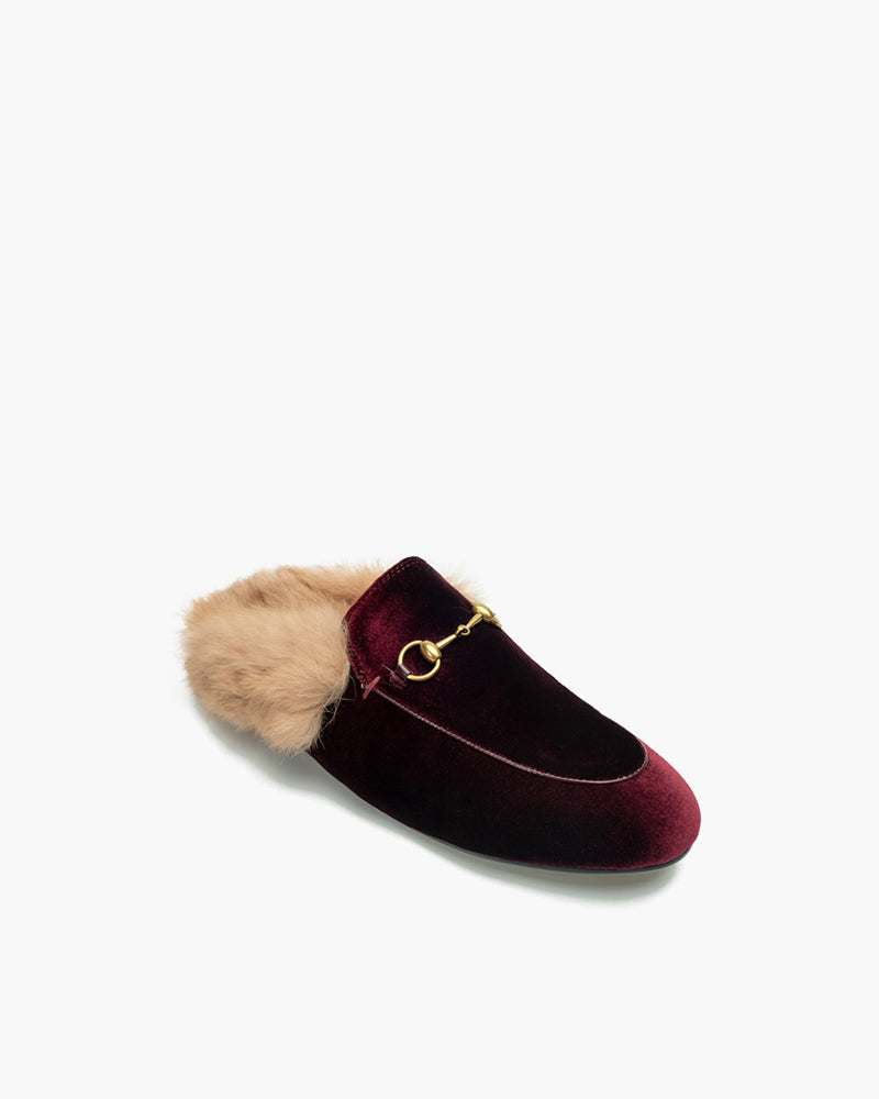 Classic-Velvet-Backless-Fur-Horsebit-Metal-Slip-on-Flat-Mules