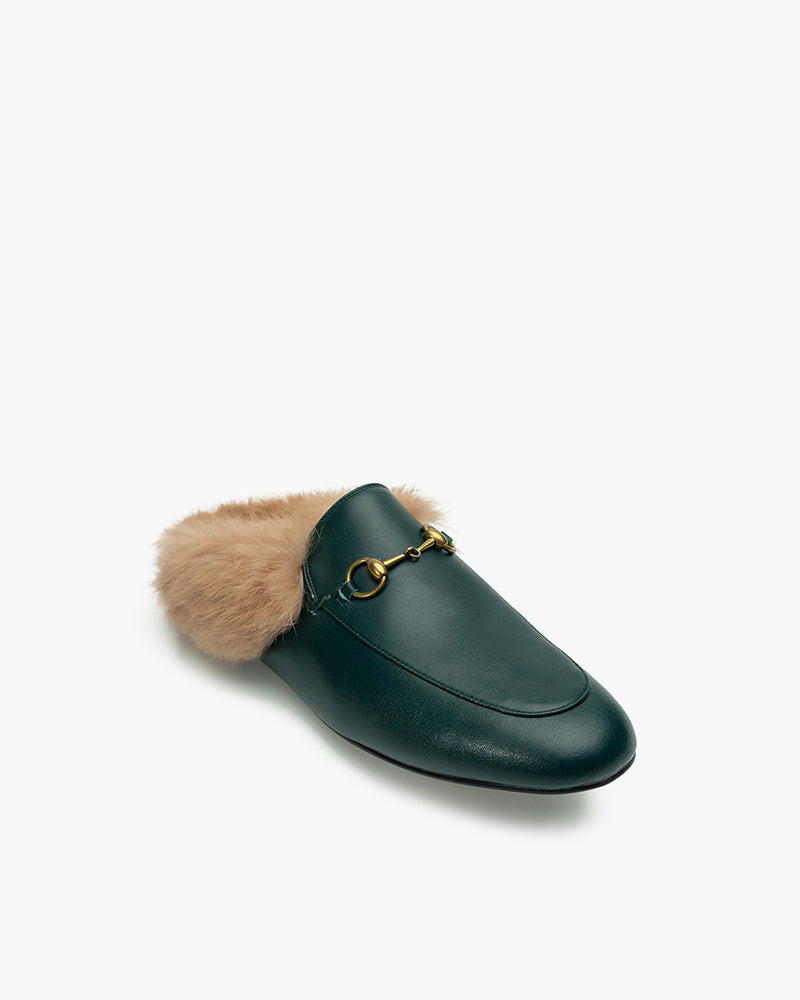 Horsebit-Backless-Fur-Flat-Slip-on-Slippers-Leather-Mules