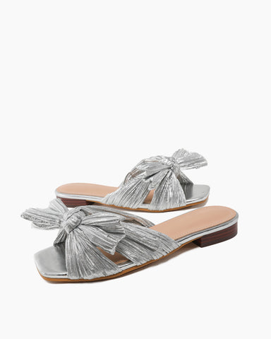 Pleated-Bow-Open-Toe-Comfort-Slip-on-Slide-Flat-Sandals