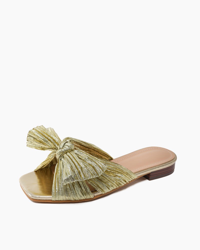 Pleated-Bow-Open-Toe-Comfort-Slip-on-Slide-Flat-Sandals