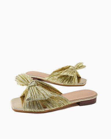 Pleated-Bow-Open-Toe-Comfort-Slip-on-Slide-Flat-Sandals