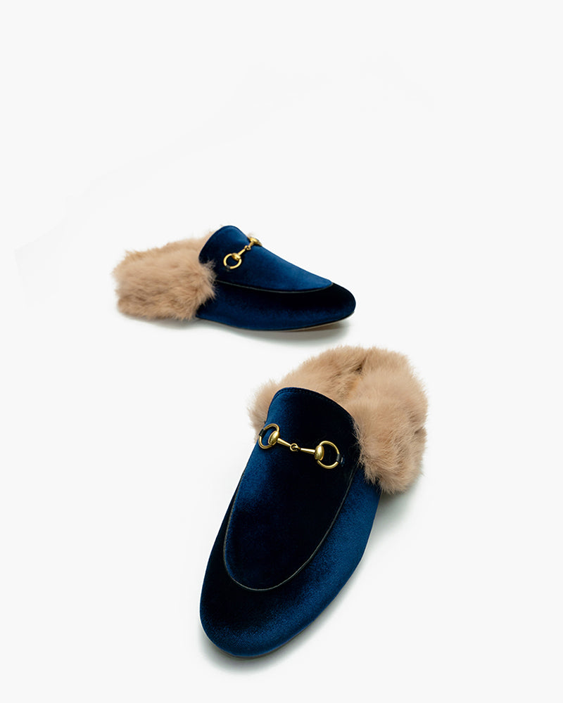 Classic-Velvet-Backless-Fur-Horsebit-Metal-Slip-on-Flat-Mules