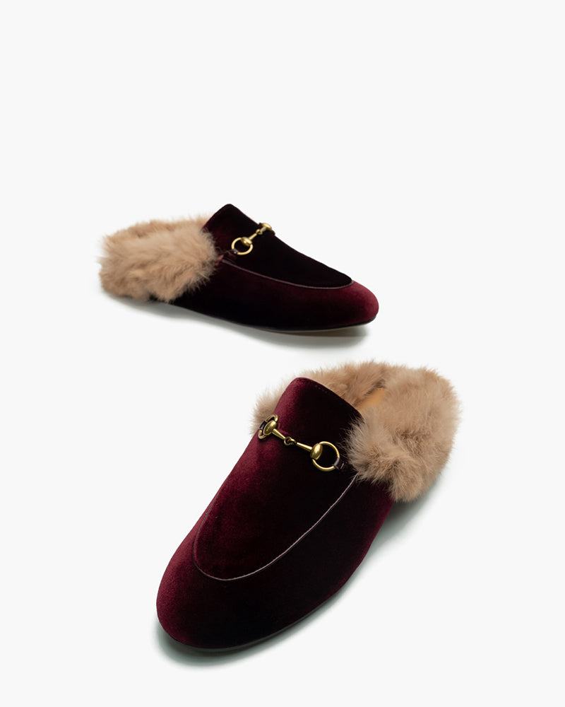 Classic-Velvet-Backless-Fur-Horsebit-Metal-Slip-on-Flat-Mules