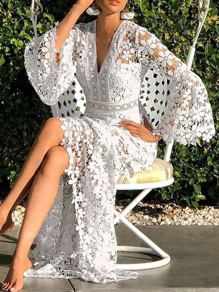 Long-Sleeve-Hollow-Floor-Length-Lace-V-Neck-Pullover-Dress