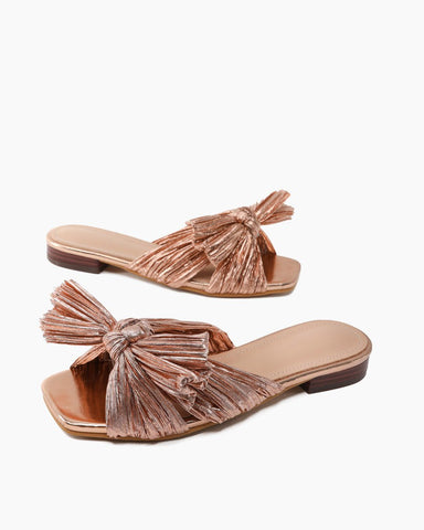 Pleated-Bow-Open-Toe-Comfort-Slip-on-Slide-Flat-Sandals