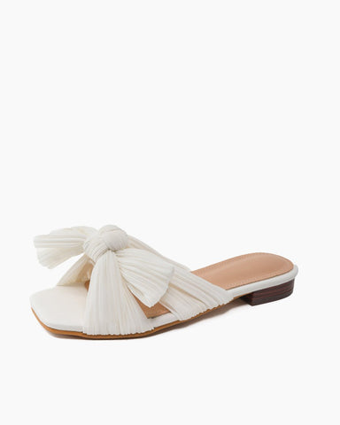 Pleated-Bow-Open-Toe-Comfort-Slip-on-Slide-Flat-Sandals