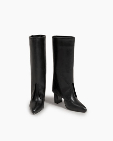 Pointed-Toe-Chunky-Heeled-Pull-On-fold-over-boots