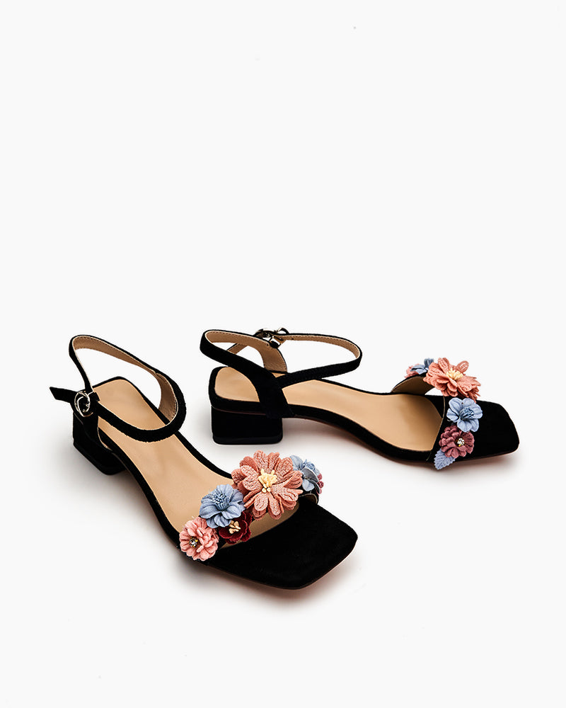 Flower-Decor-Suede-Ankle-Strap-Flat-Sandals
