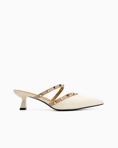 Lychee Pattern Rivet Decor Kitten Heel Mules Point Toe Sandals