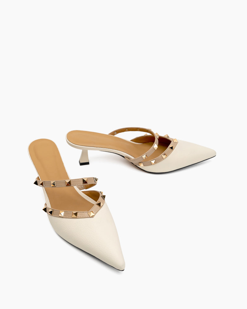 Lychee Pattern Rivet Decor Kitten Heel Mules Point Toe Sandals