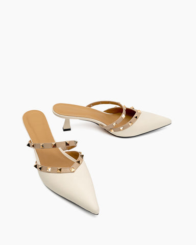 Lychee Pattern Rivet Decor Kitten Heel Mules Point Toe Sandals