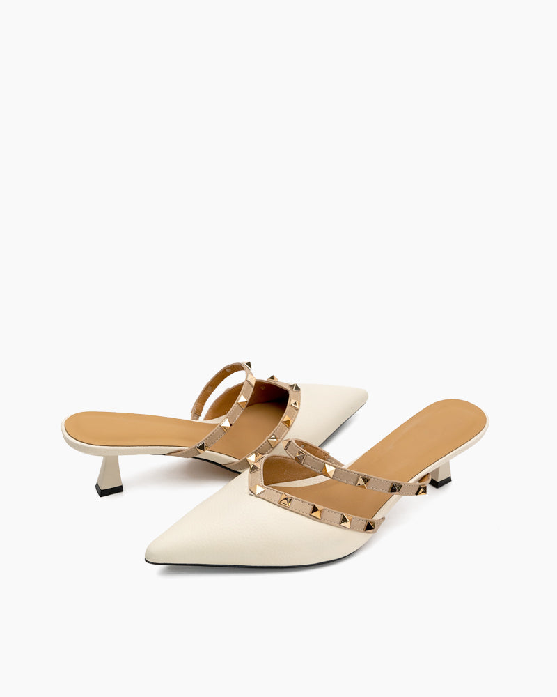 Lychee Pattern Rivet Decor Kitten Heel Mules Point Toe Sandals