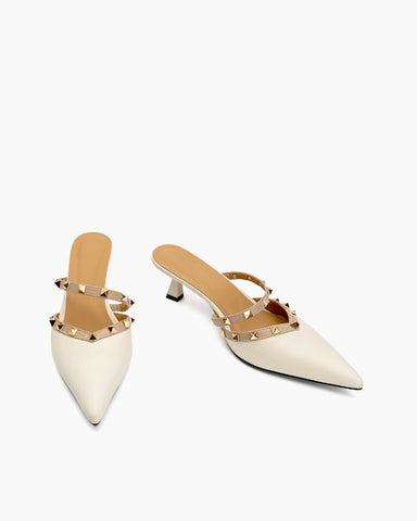 Lychee Pattern Rivet Decor Kitten Heel Mules Point Toe Sandals