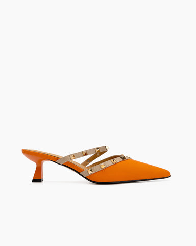 Lychee Pattern Rivet Decor Kitten Heel Mules Point Toe Sandals