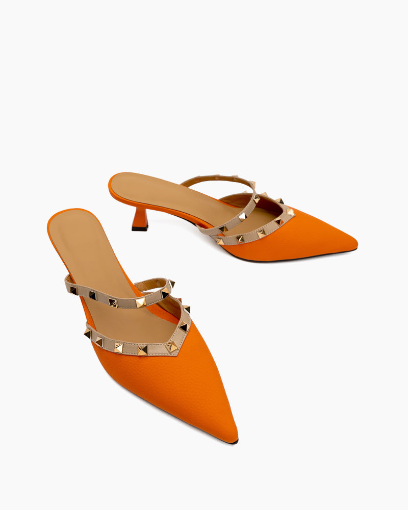 Lychee Pattern Rivet Decor Kitten Heel Mules Point Toe Sandals