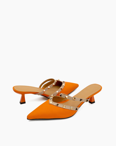 Lychee Pattern Rivet Decor Kitten Heel Mules Point Toe Sandals