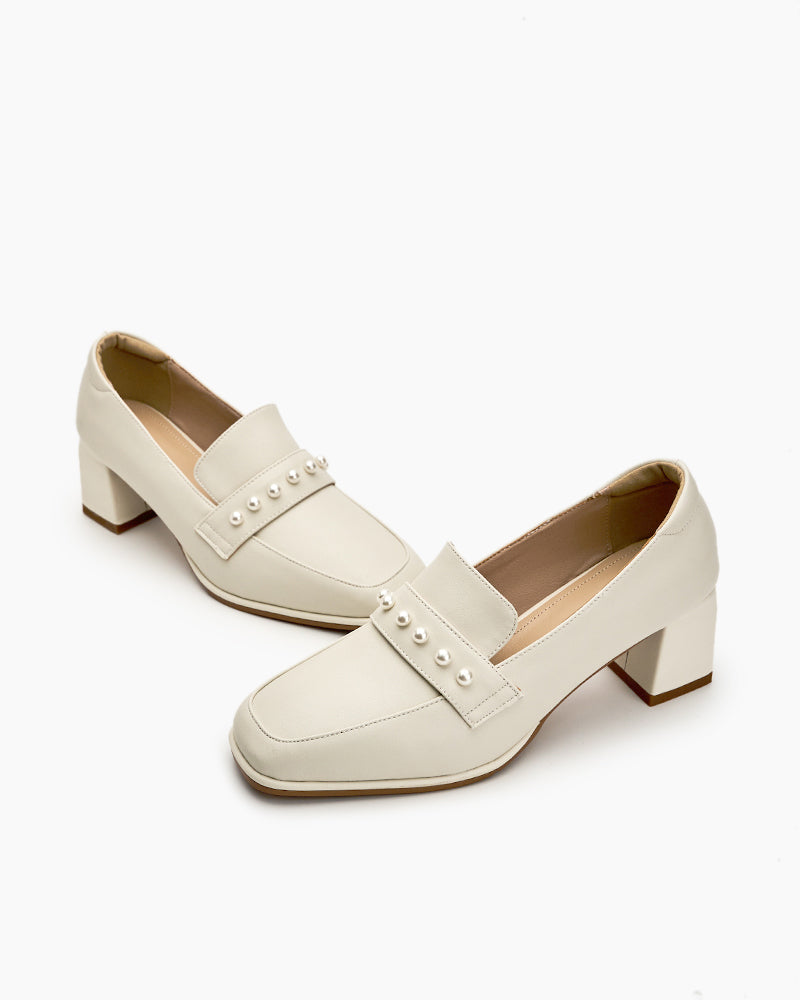 Soft Leather Pearl Midheel Loafers