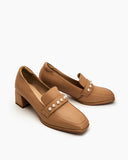 Soft Leather Pearl Midheel Loafers