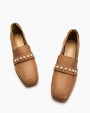 Soft Leather Pearl Midheel Loafers