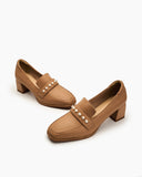 Soft Leather Pearl Midheel Loafers