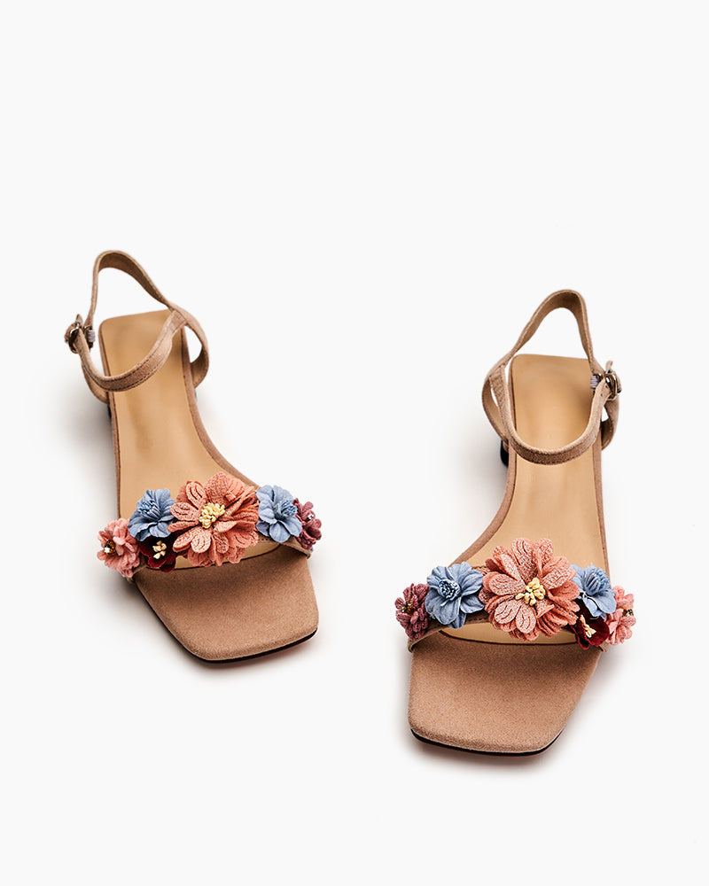 Flower-Decor-Suede-Ankle-Strap-Flat-Sandals