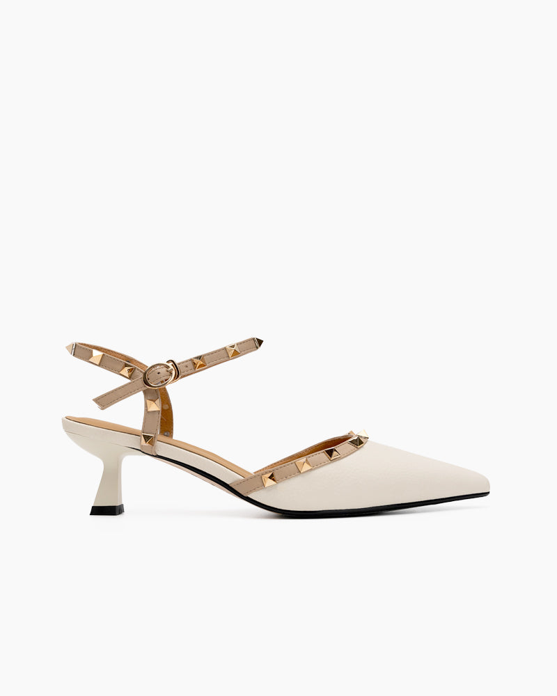 Lychee-Pattern-Rivet-Decor-Ankle-Strap-Slingback-Sandals-Pointed-Toe-Kitten-heel