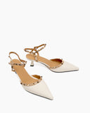 Lychee-Pattern-Rivet-Decor-Ankle-Strap-Slingback-Sandals-Pointed-Toe-Kitten-heel