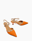 Lychee-Pattern-Rivet-Decor-Ankle-Strap-Slingback-Sandals-Pointed-Toe-Kitten-heel