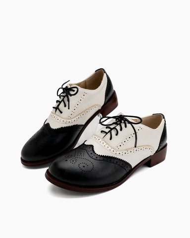 Perforated-Lace-up-Wingtip-Leather-Flat-Oxfords