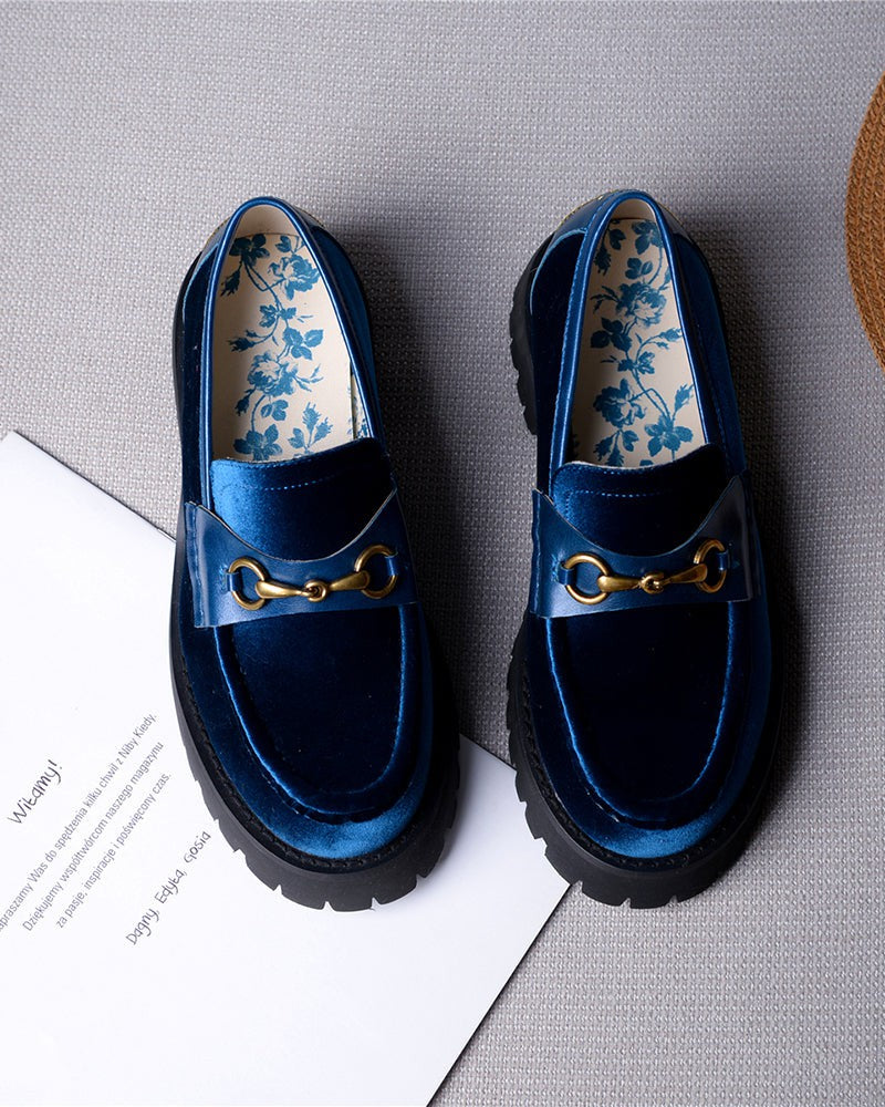 Horsebit-Bee-Embroidery-Velvet-Mid-Heel-Platform-Leather-Chunky-Loafers