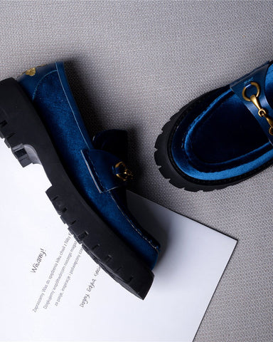 Horsebit-Bee-Embroidery-Velvet-Mid-Heel-Platform-Leather-Chunky-Loafers